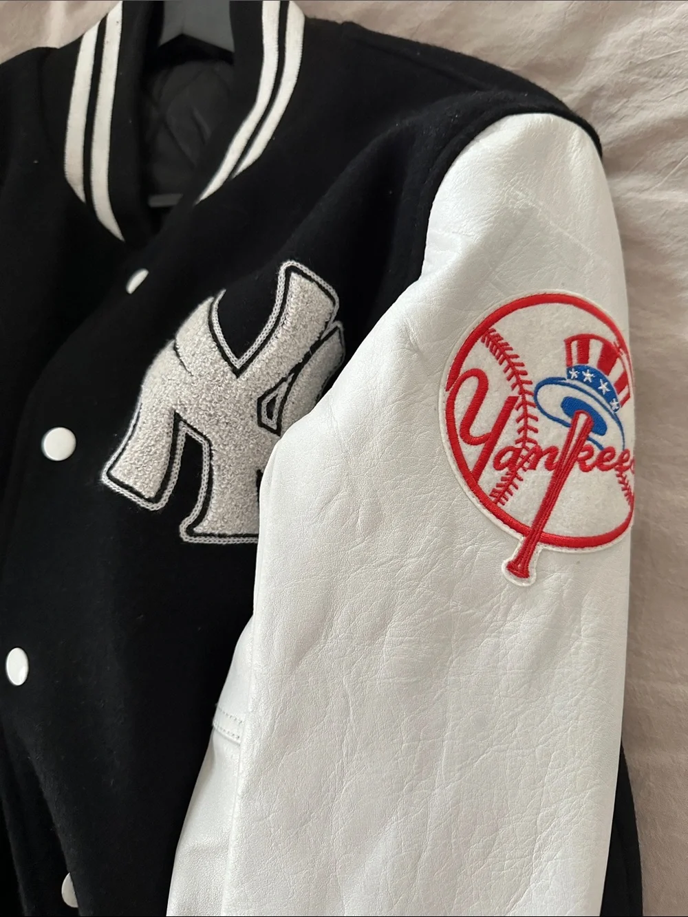 Black and White Varsity Jacket with NY Yankees and Hello Kitty Patch - Picture 3 of 6